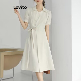 Lovito Vestido feminino elegante liso assimétrico com renda LNE52151