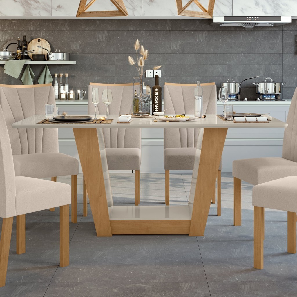 Mesa de Jantar Retangular 6 Lugares 160cm Tampo MFD Apogeu Amêndoa Clean/Off White