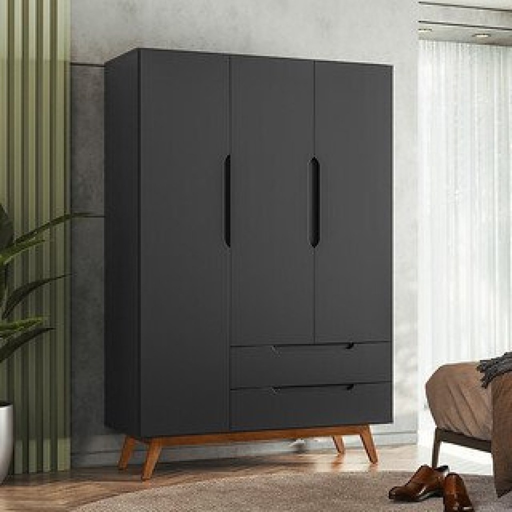 Guarda Roupa Solteiro Retrô 3 Portas 2 Gavetas Alpi Preto - Home & Living