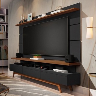 Rack com Painel para TV até 72 Polegadas Pés Madeira Maciça Vivare Black/Freijó em Oferta na Shopee