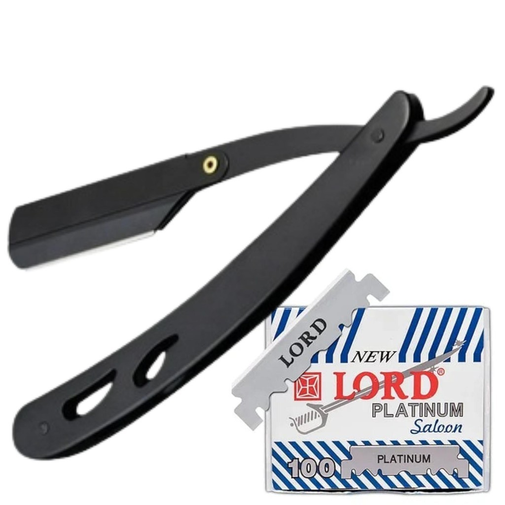 Kit Navalha Navalhete Barbear Preto + 100 Laminas Lord Partidas