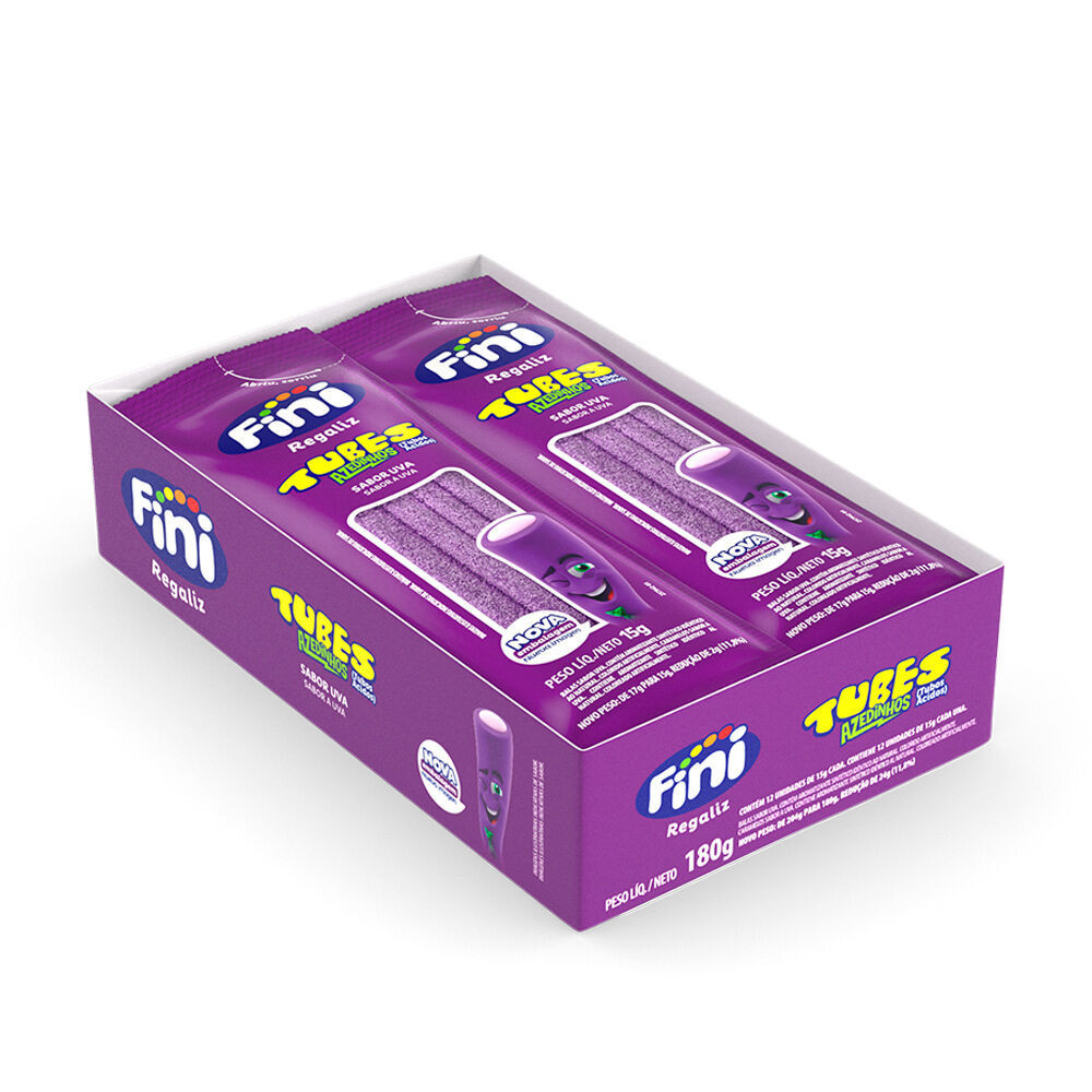 Bala Fini Tubes Uva Azedinho 12 Unidades 15g 12x15g Bala de Gelatina Colorida Mástigavel Sem Glutén FINI Flex SP