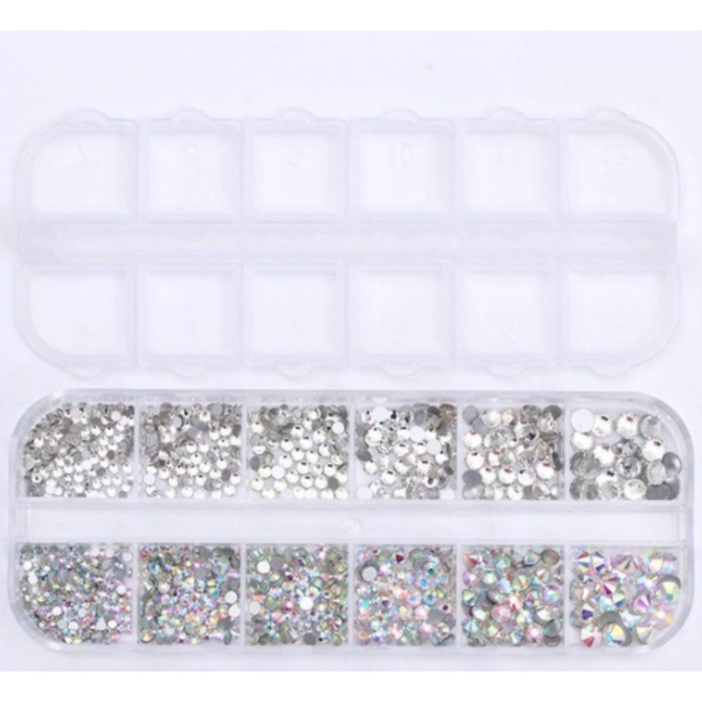 Kit 12 Strass Decoração Unhas Transparente colorido Encapsular Com Caixinha Organizadora Jóia