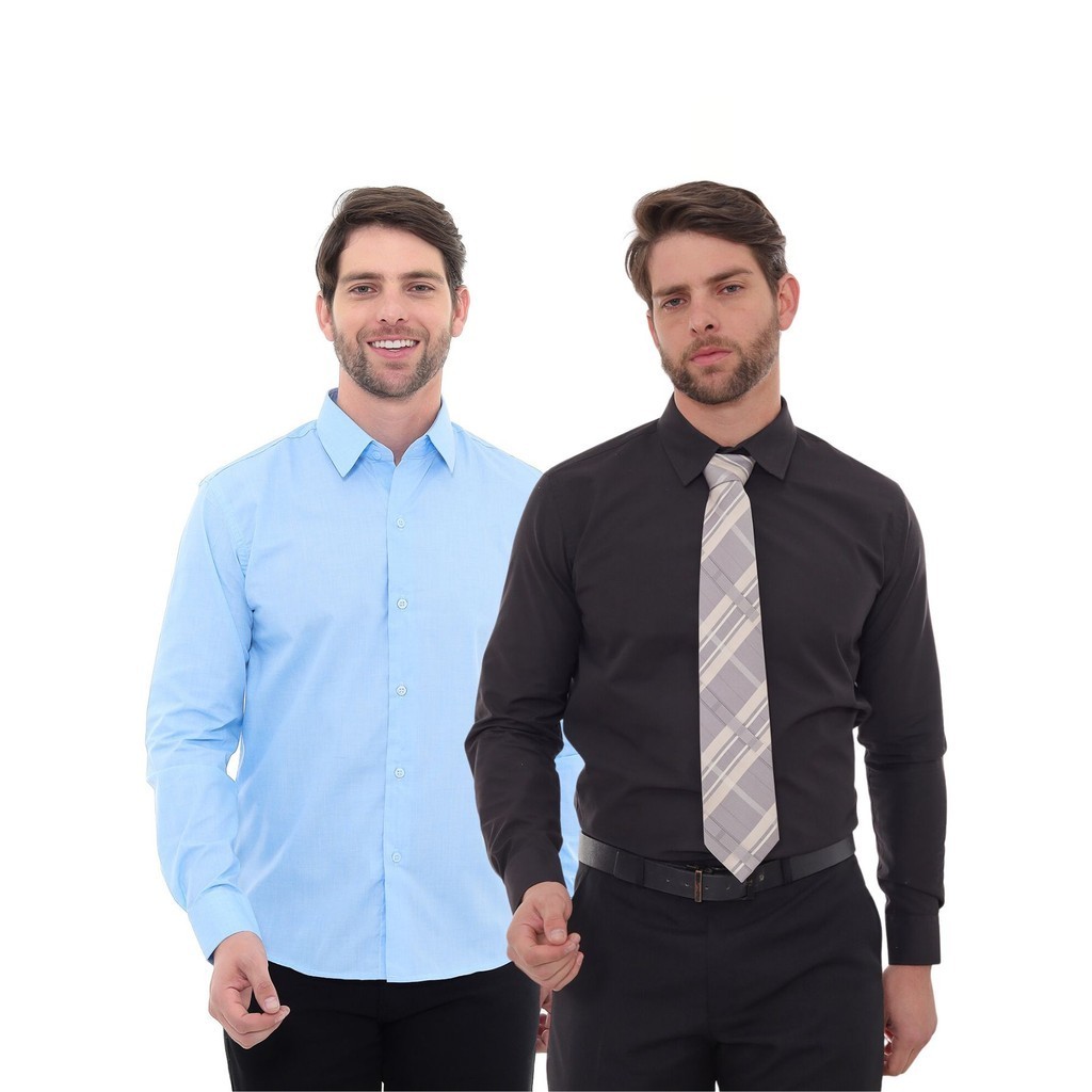 KIT Masculino 2 Peças - Camisa Social Premium Tipo Linho Azul Claro e  Camisa Social Slim Preto