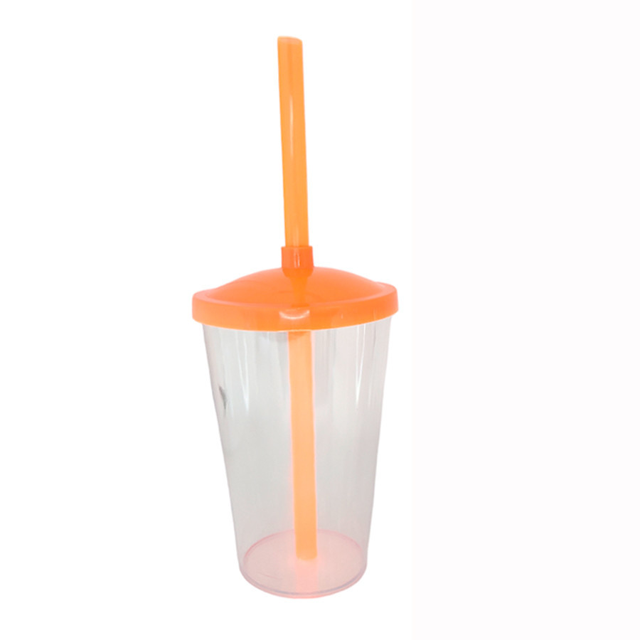 Copo de Plástico com Tampa e Canudo 300ml - Laranja Neon - 1 unidade - Rizzo - Home & Living