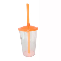 Copo de Plástico com Tampa e Canudo 300ml - Laranja Neon - 1 unidade - Rizzo