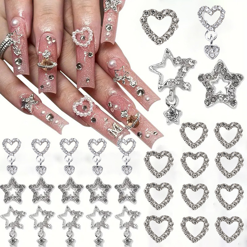 10/20PCs Silver Star Nail Charms Com Rhinestones Brilhantes Jóias De Unhas De Liga 3D Y2K Charmes Para Decoração Acrílicas