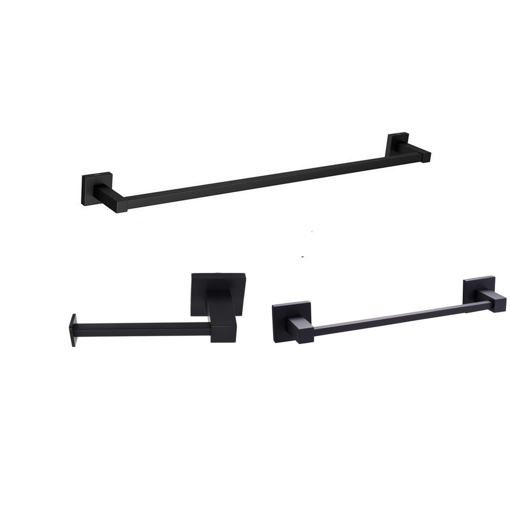 Kit Porta Toalhas Banho Preto Fosco Papeleira Ret Toalheiro de Rosto Metal Inox - Black Premium