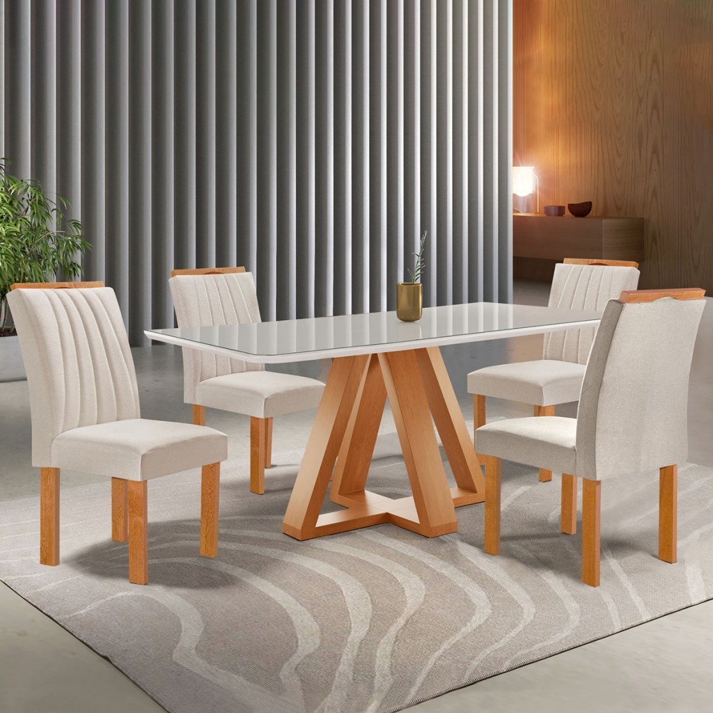 Mesa de Jantar 4 Lugares Kyra/Arizona com Vidro Cinamomo/Off White/Suede Bege - Cel Móveis - Home & Living