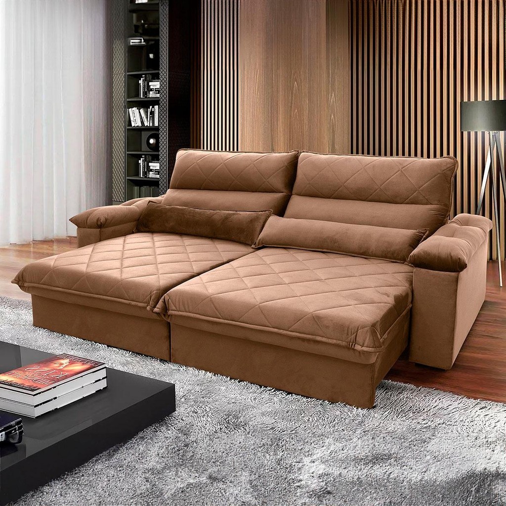 Sofá Retrátil Reclinável Grécia 3,00m Suede Velut Bege  Molas no Assento - King House - Home & Living