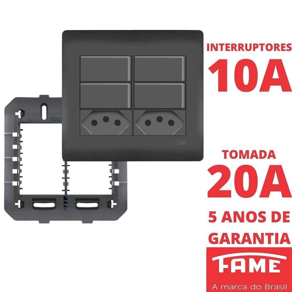 Interruptor Simples 10A 4 Teclas e Tomada Padrão Dupla 2P+T 20A Com Placa 4X4 Habitat Black Preto FAME