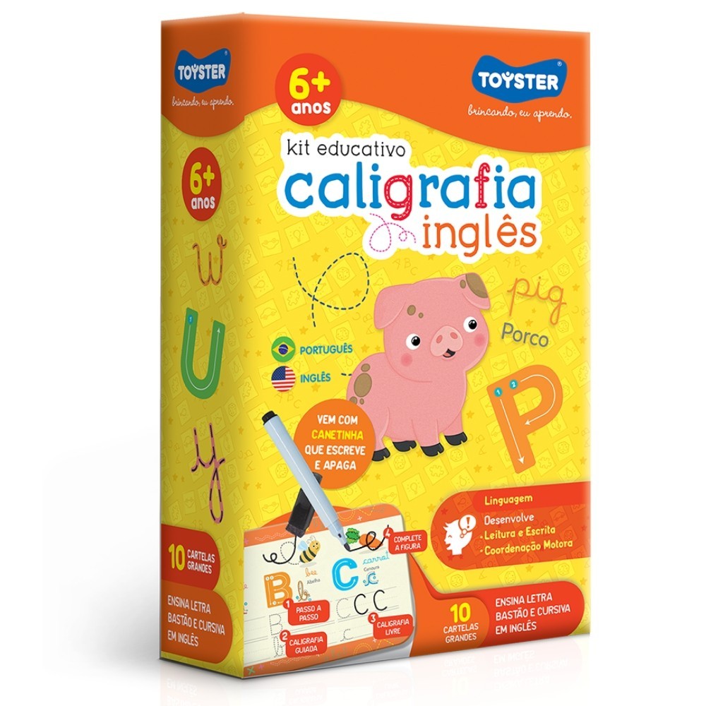 KIT EDUCATIVO CALIGRAFIA INGLÊS 10 CARTELAS GRANDES TOYSTER BRINQUEDOS INFANTIL PORTUGUÊS DESENHOS - Mom & Baby