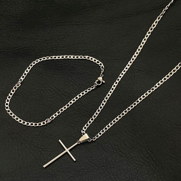Corrente Colar e/ou Pulseira Masculina Banhada a Aço Inoxidável e/ou Pingente Estilo Cruz Palito