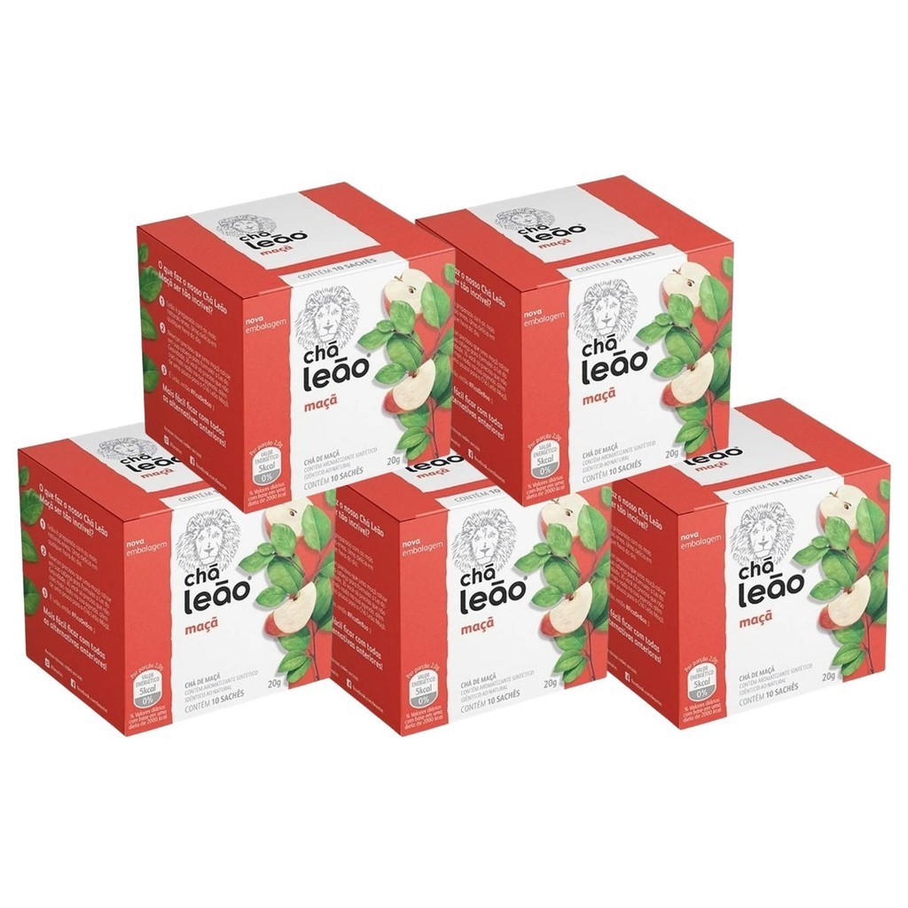 Kit 5 Chás Leão Frutas e Flores Maça com 10 Sachês cada