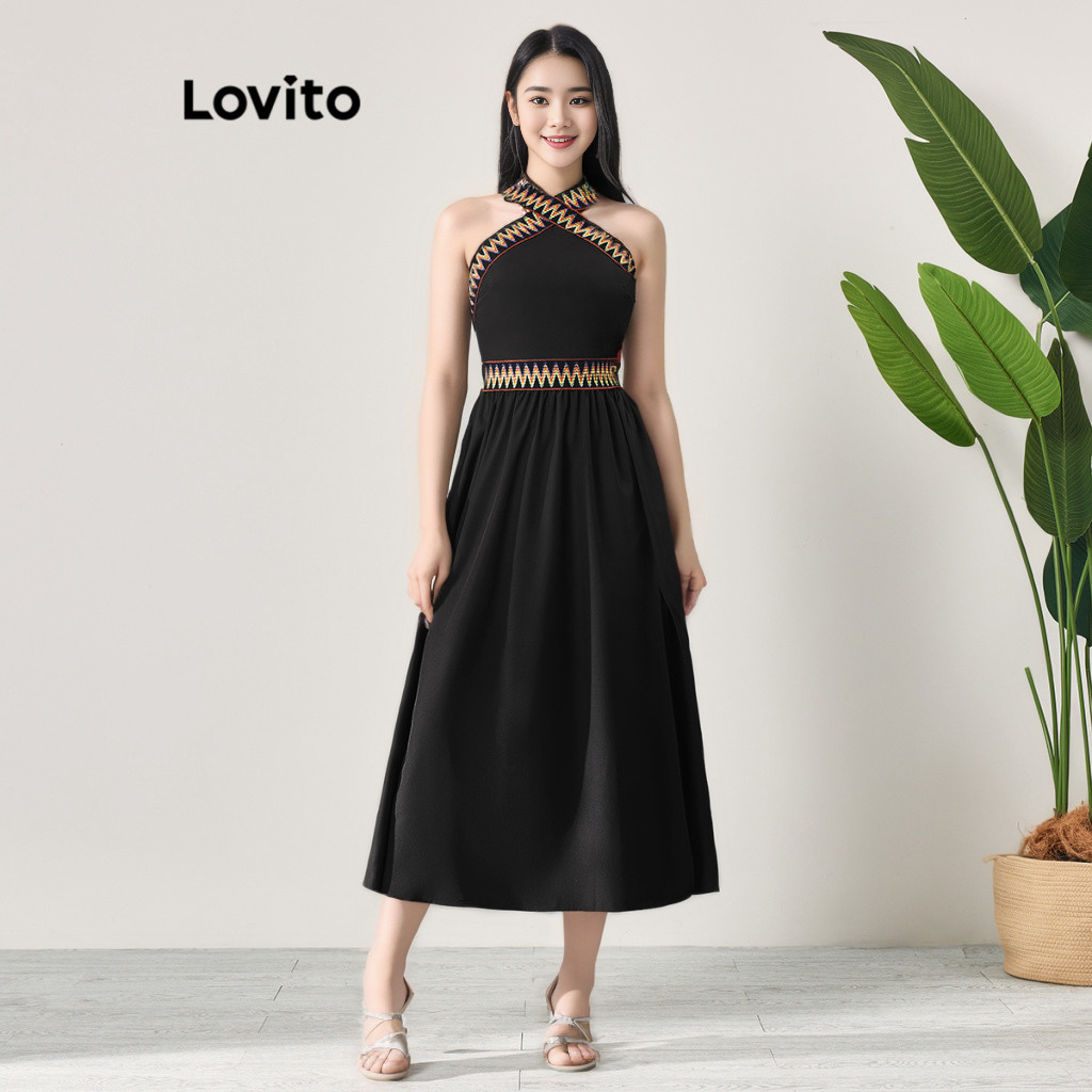 Lovito Vestido Boho com Bloco de Cores e Plissado para Mulheres LBL06063 (Preto)