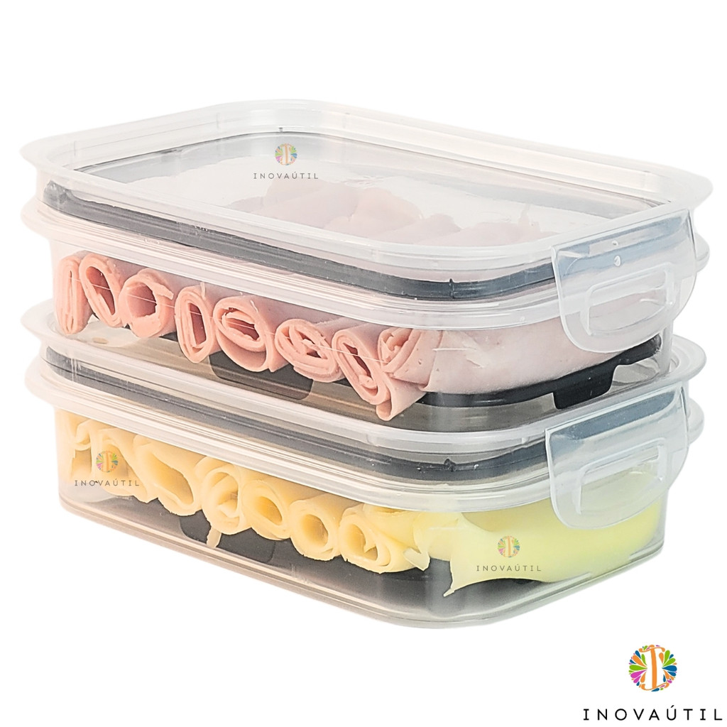 Porta Frios Com Tela Escorredor Kit 2 Peças Tampa Com Vedação Hermético Queijo Presunto Mortadela em Oferta na Shopee