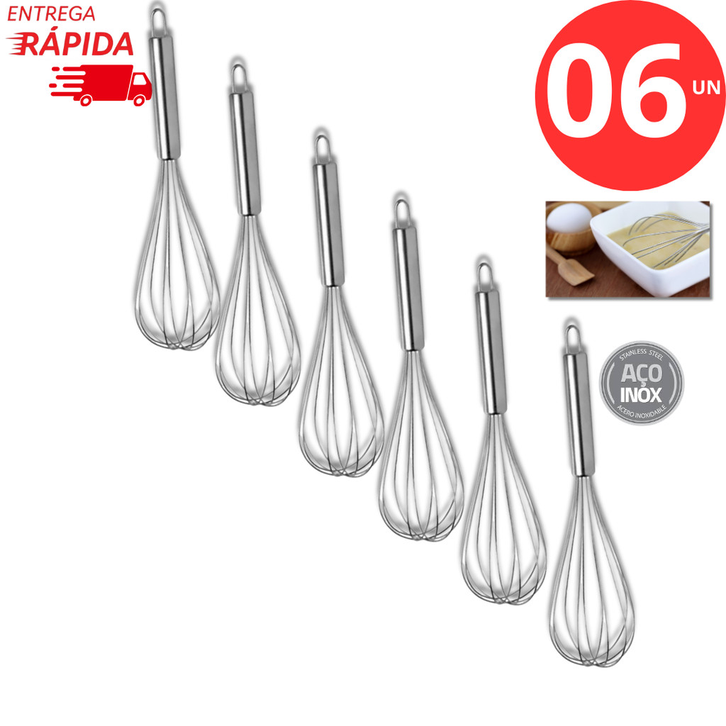 Kit 06 Fue Profissional 100% Inox Premium Batedor Claras Chantilly Massas Bolos Casa Cozinha Restaurante