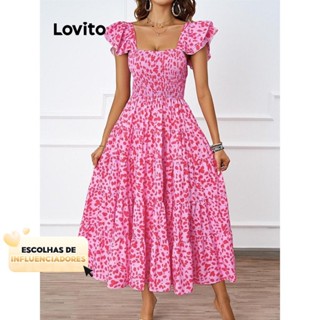 (KOL‘s pick) Lovito Vestido elegante com babados e bolinhas para mulheres LNL74364 em Oferta na Shopee