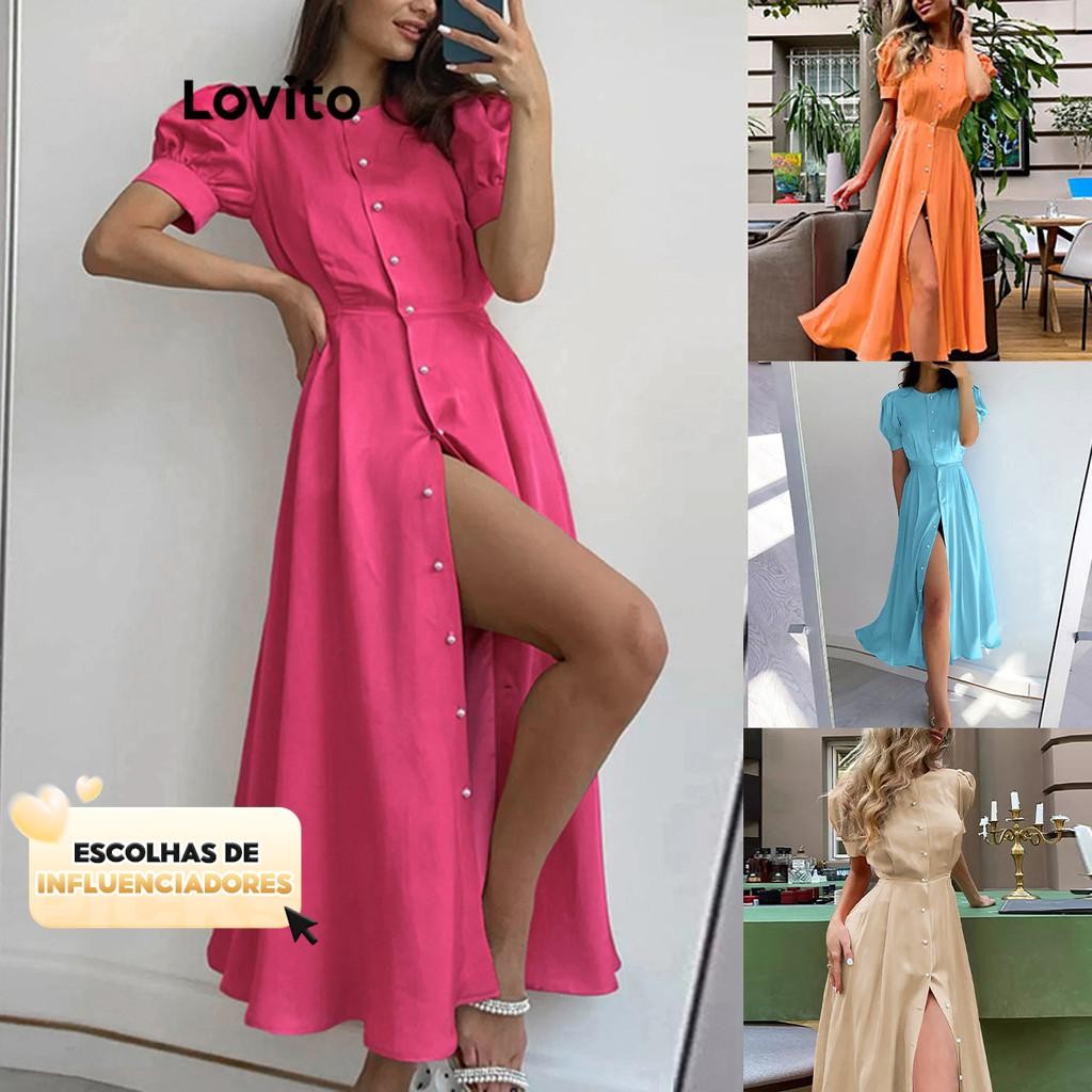 (KOL‘s pick) Lovito Casual Vestido Botão Frontal LNE27187 (Cáqui Claro/Rosa Choque)