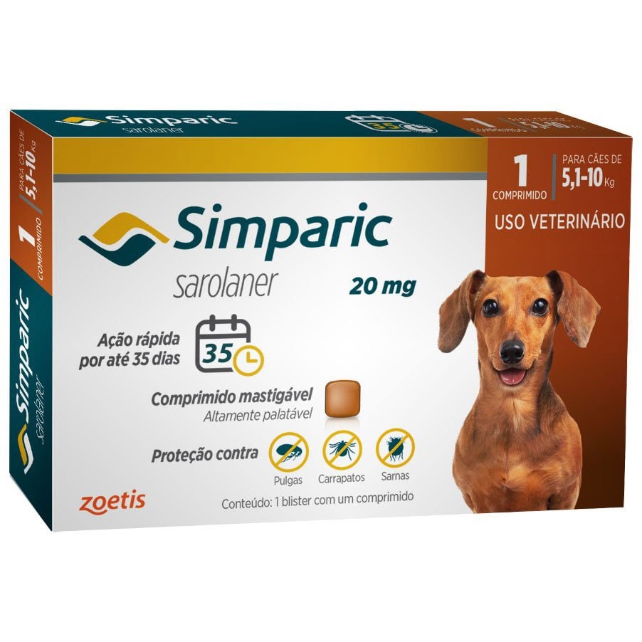 Antipulgas Simparic 20mg para Cachorros de 5,1kg Até 10kg com1 comprimido em Oferta na Shopee