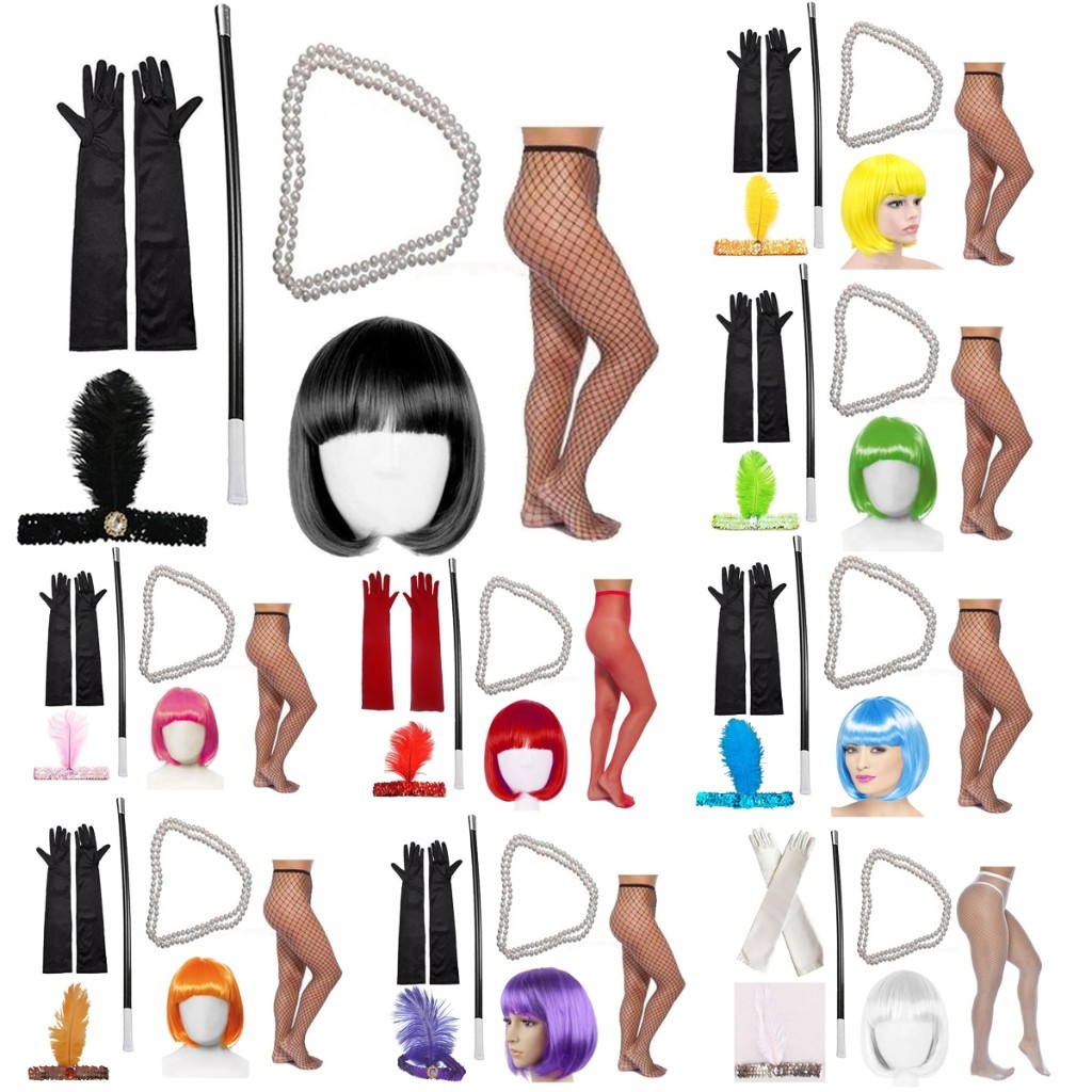 Kit Fantasia Melindrosa Adulta 6pçs Carnaval Halloween Cosplay Festa Meia Luva Peruca Tiara Pit. Colar Varias Cores