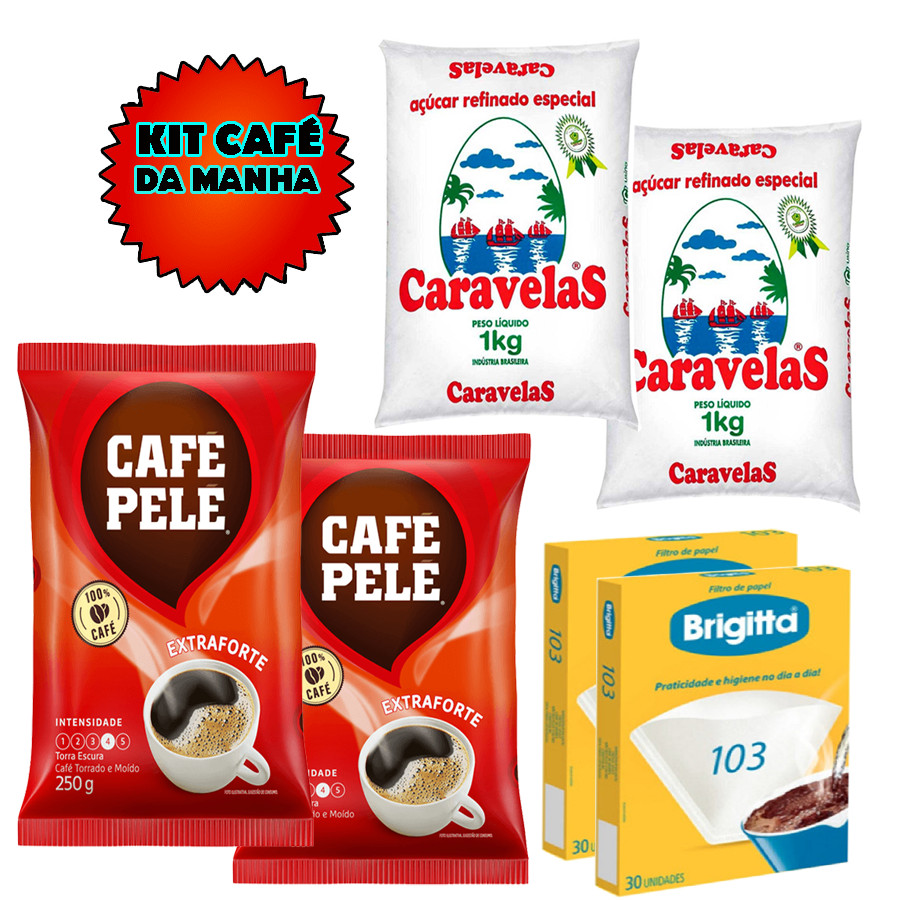 Kit Café Pele 500g + Açúcar Caravelas 2kg+Filtro Coador Papel 103
