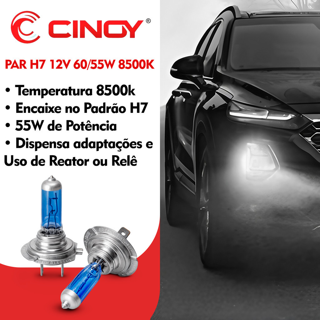 Detalhes do Kit Par Lâmpadas Super Branca Tipo Xenon 8500K H7 55W 12V Para Carro