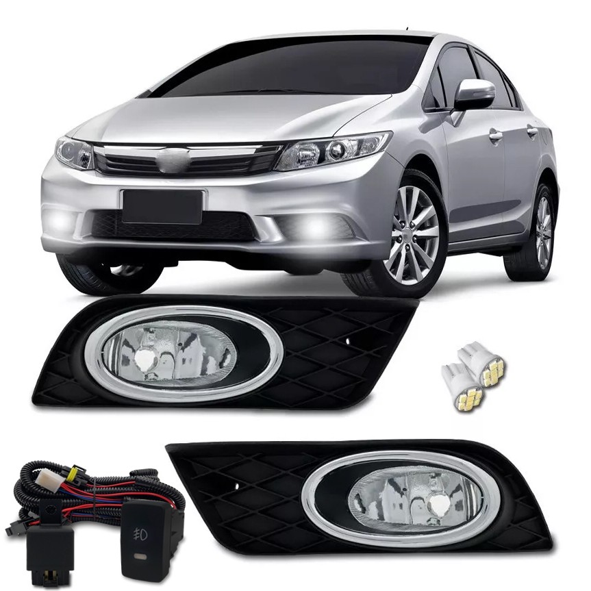 Kit Farol Milha Neblina Civic 2012 2013 2014 Com Moldura Cromada E Botao Modelo Original