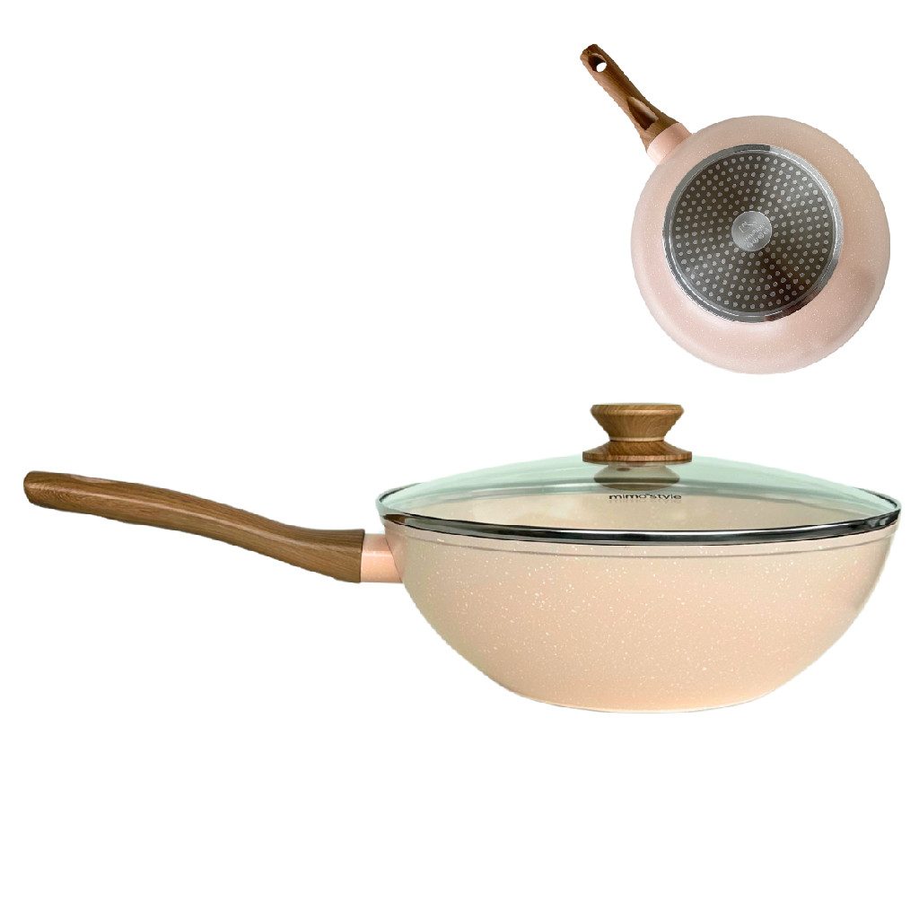 Panela Wok de Indução Antiaderente Fundo Triplo Revestimento em Cerâmica com Tampa Fogão Cozinha Cooktop Ilha Utensílios
