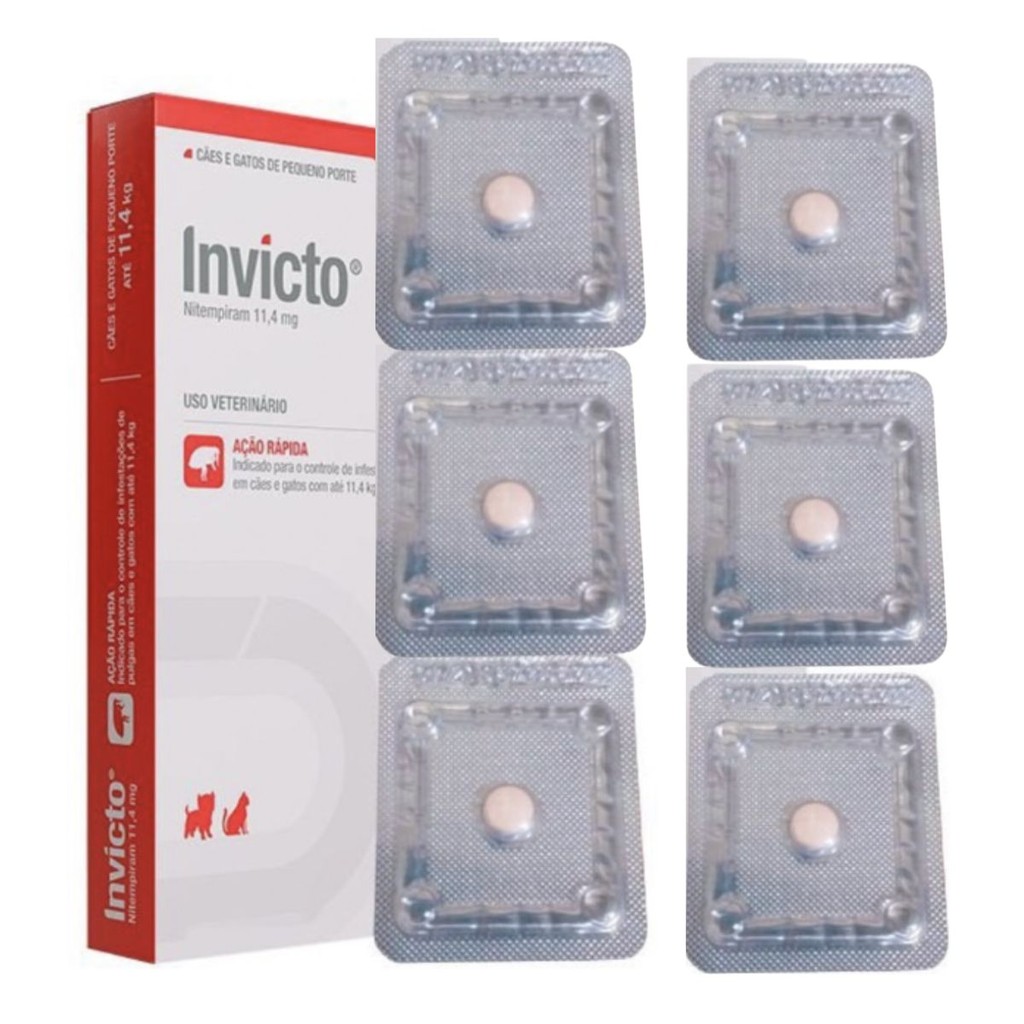 06 Cartelas com 1 comprimido de Antipulgas Invicto 11,4mg - Pets