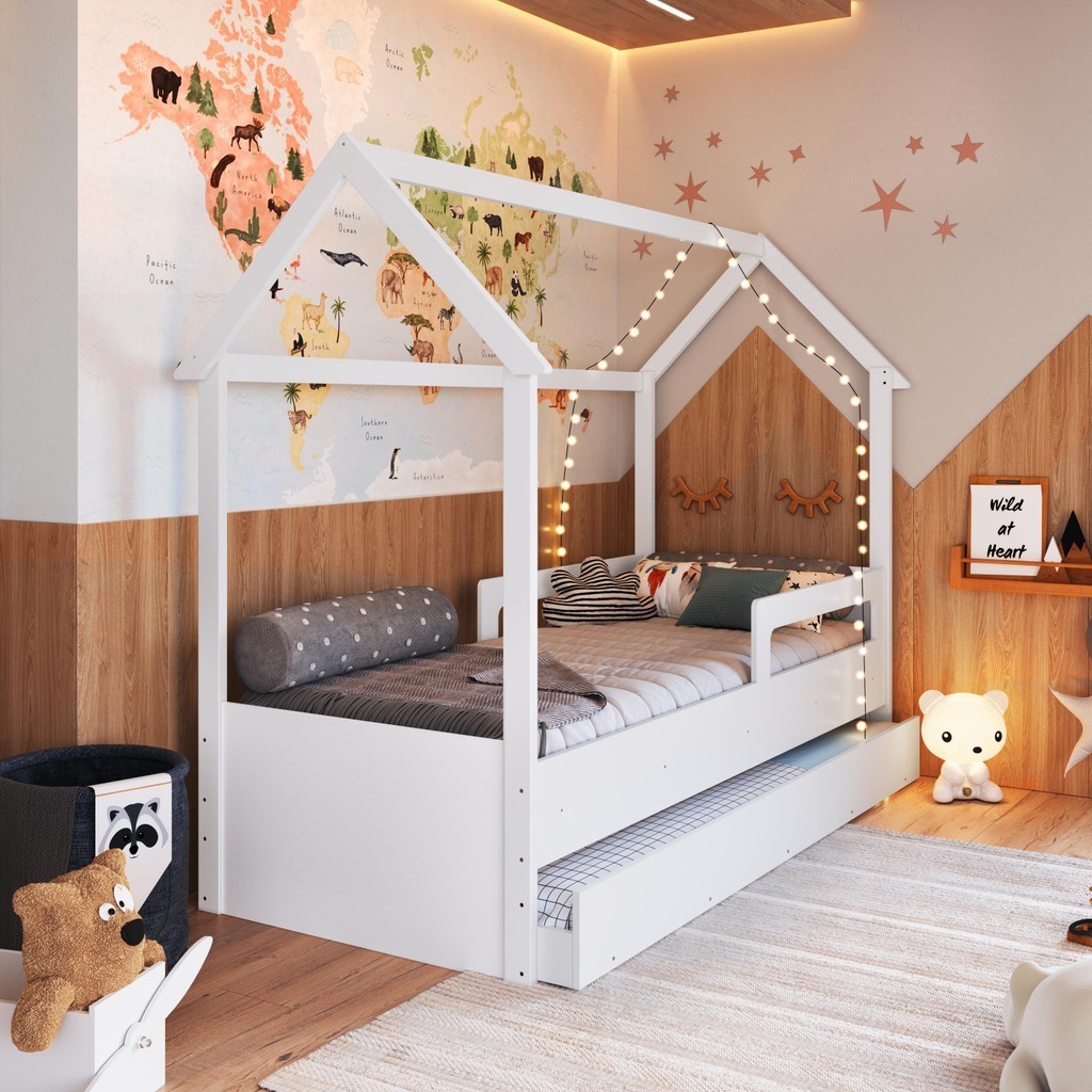 Cama Infantil Montessoriana Bicama Solteiro Menino Menina com Proteção Lateral Cama Auxiliar Branca - Home & Living
