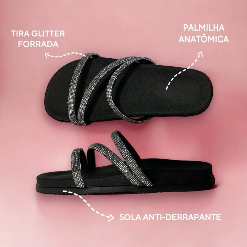 Sandália Papete Feminina Glitter Brilho tendência verão 2024