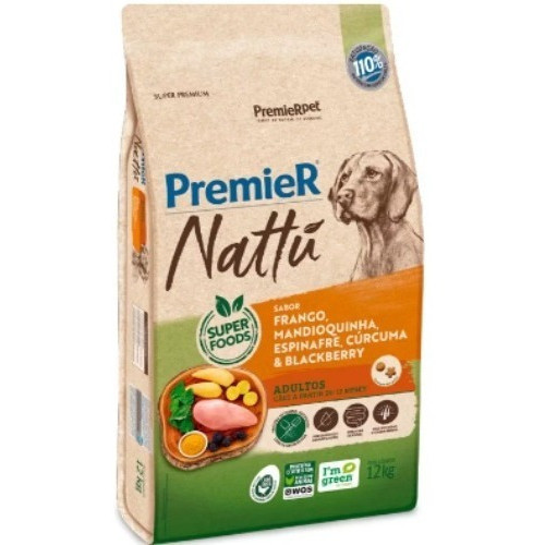 Ração Premier Nattu Cães Adultos 12Kg Mandioquinha Espinafre Cúrcuma Blackberry Super Premium Dog