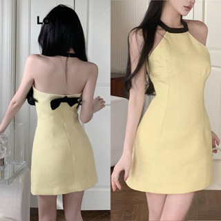 Lovito Vestido feminino elegante liso colorblock arco nas costas LNE52156