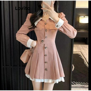 Lovito Casual Vestido Feminino Listrado com Costura de Tecido e Botão Frontal LNA40036