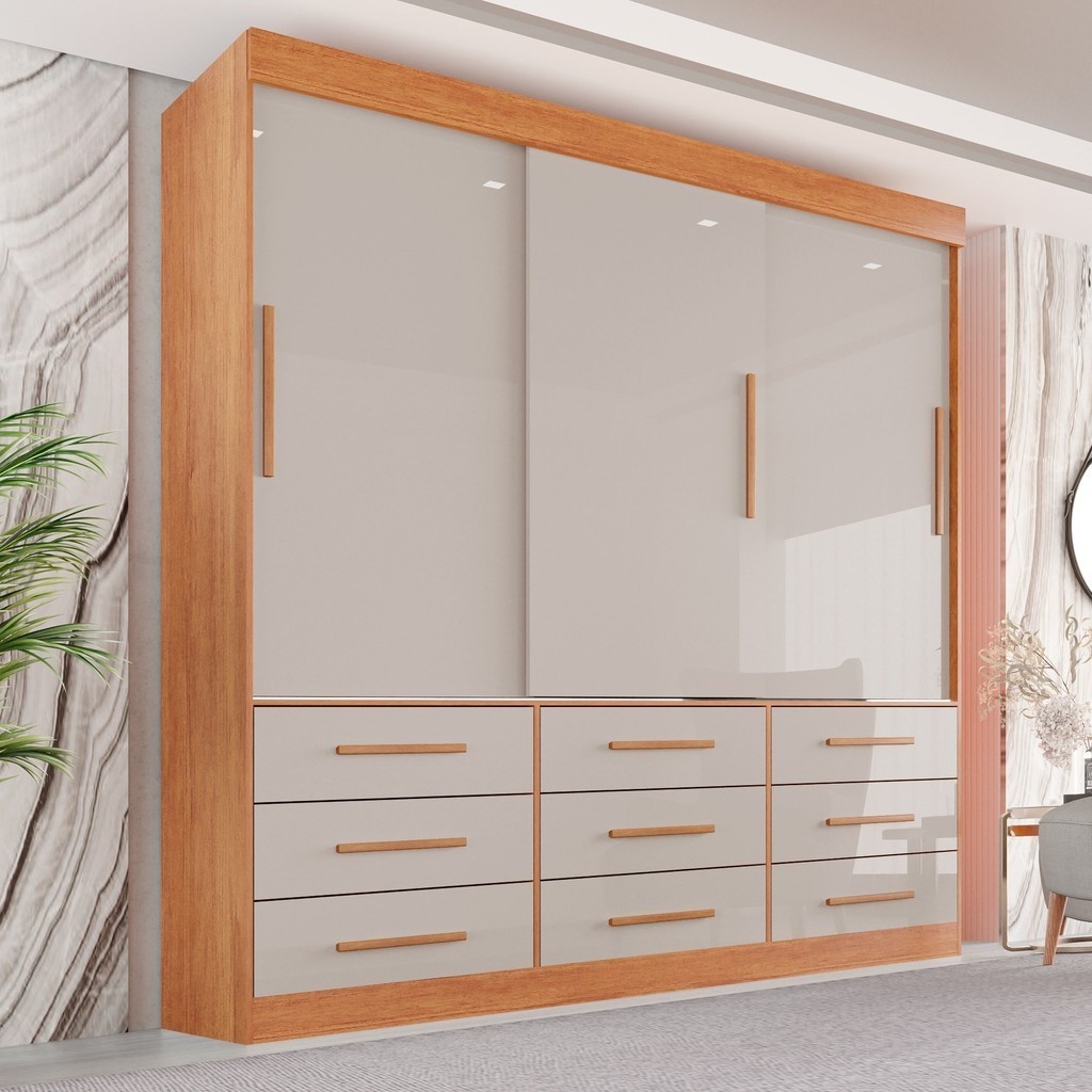 Guarda Roupa Casal 3 Portas 9 Gavetas Luana  Cinamomo/Off White - Mom & Baby