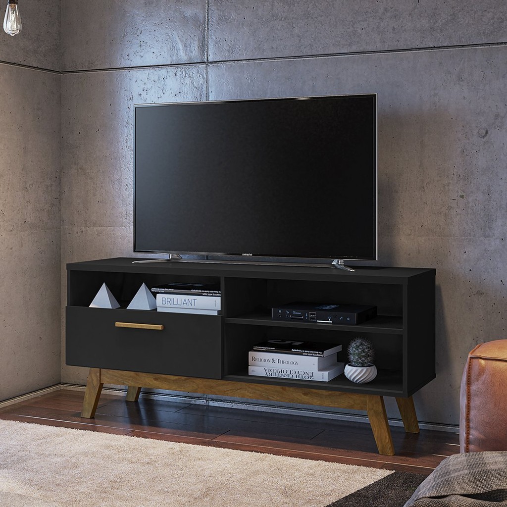 Rack para TV até 55 Polegadas Pés em Madeira Maciça Retrô Paládio Preto Fosco em Oferta na Shopee