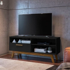 Rack Retrô para TV até 55 Polegadas 136cm Pés em Madeira Maciça Paládio Preto Preto Fosco