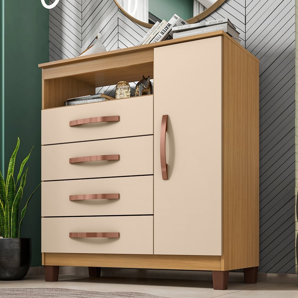 Cômoda para Quarto Sapateira 1 Porta 4 Gavetas Nicho Itapema Bege/Carvalho Americano/Off White Carvalho Americano/Off