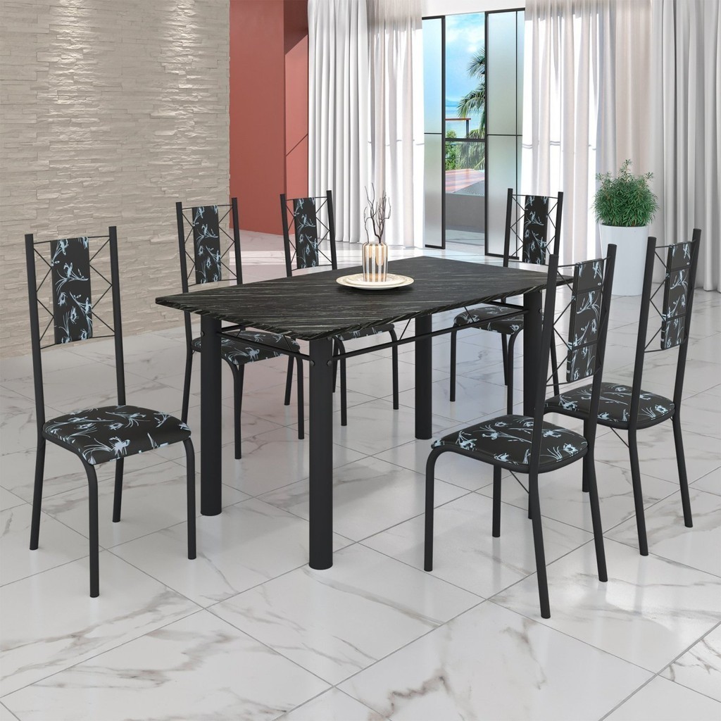Conjunto Sala de Jantar Bahia Mesa Tubo 140x75cm Tampo Pedra Ardósia Indiana com 6 Cadeiras Preto/Preto Floral em Oferta na Shopee