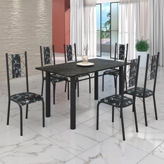 Conjunto Sala de Jantar Bahia Mesa Tubo 140x75cm Tampo Pedra Ardósia Indiana com 6 Cadeiras Preto/Preto Floral em Oferta na Shopee