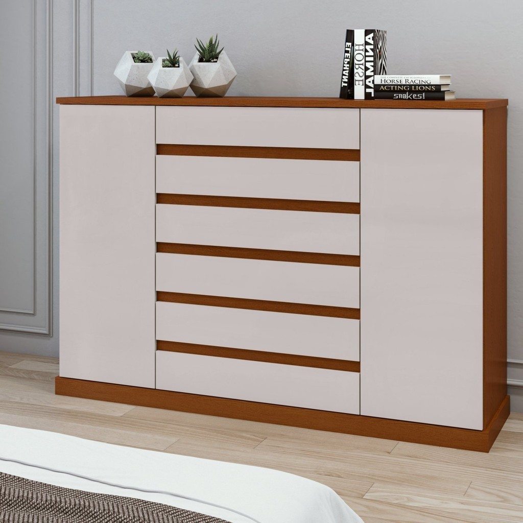 Cômoda 2 Portas 7 Gavetas 3 Prateleiras Vedra Frassino/Off White em Oferta na Shopee