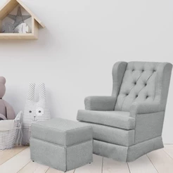 Poltrona de Amamentação com Balanço e Puff Helena P02 Capitonê Linho Cinza Escuro - Lyam Decor
