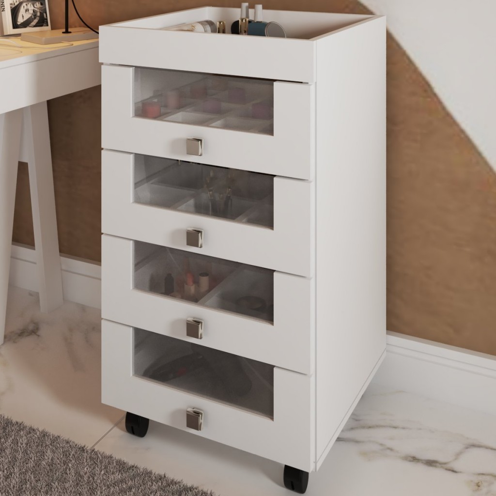 Penteadeira Carrinho de Maquiagem Salão de Beleza 4 Gavetas com Vidro e Rodízios Branco - Panorama Móveis em Oferta na Shopee