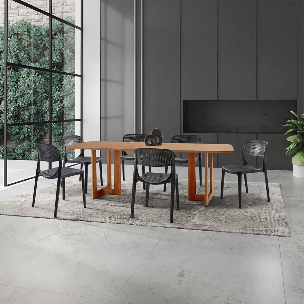 Conjunto Sala de Jantar Mesa Patros 180cm Madeira Tampo Laminado Barril com 6 Cadeiras Zoe