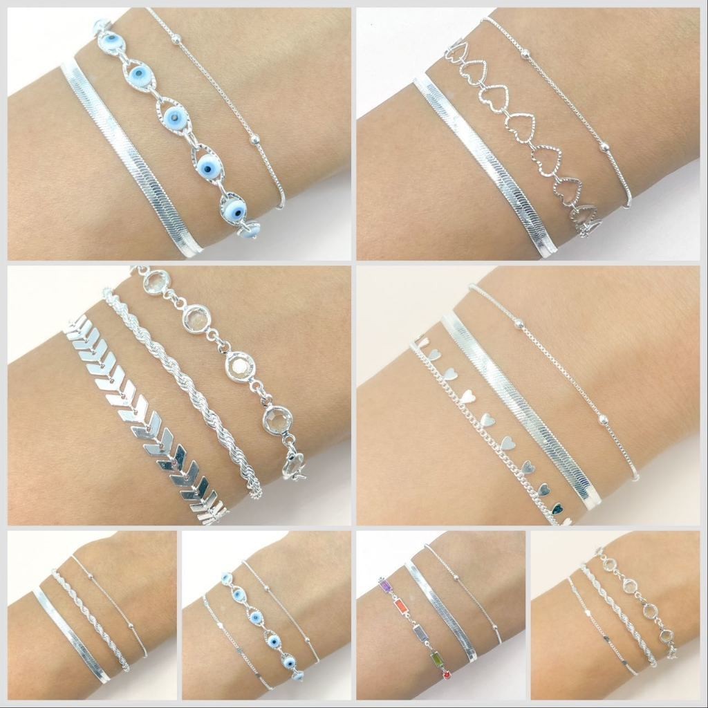 kit 3 pulseiras folheadas a prata 925 cordão baiano fio liso metalizado cobra bolinha em Oferta na Shopee