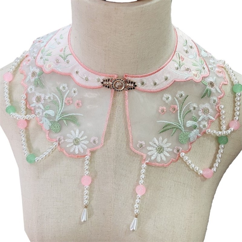 YOI Crianças Meninas Estilo Antigo Vintage Bordado Flor Xale Envoltório Pérola Frisado Gola Falsa Cachecol Vestidos Bole