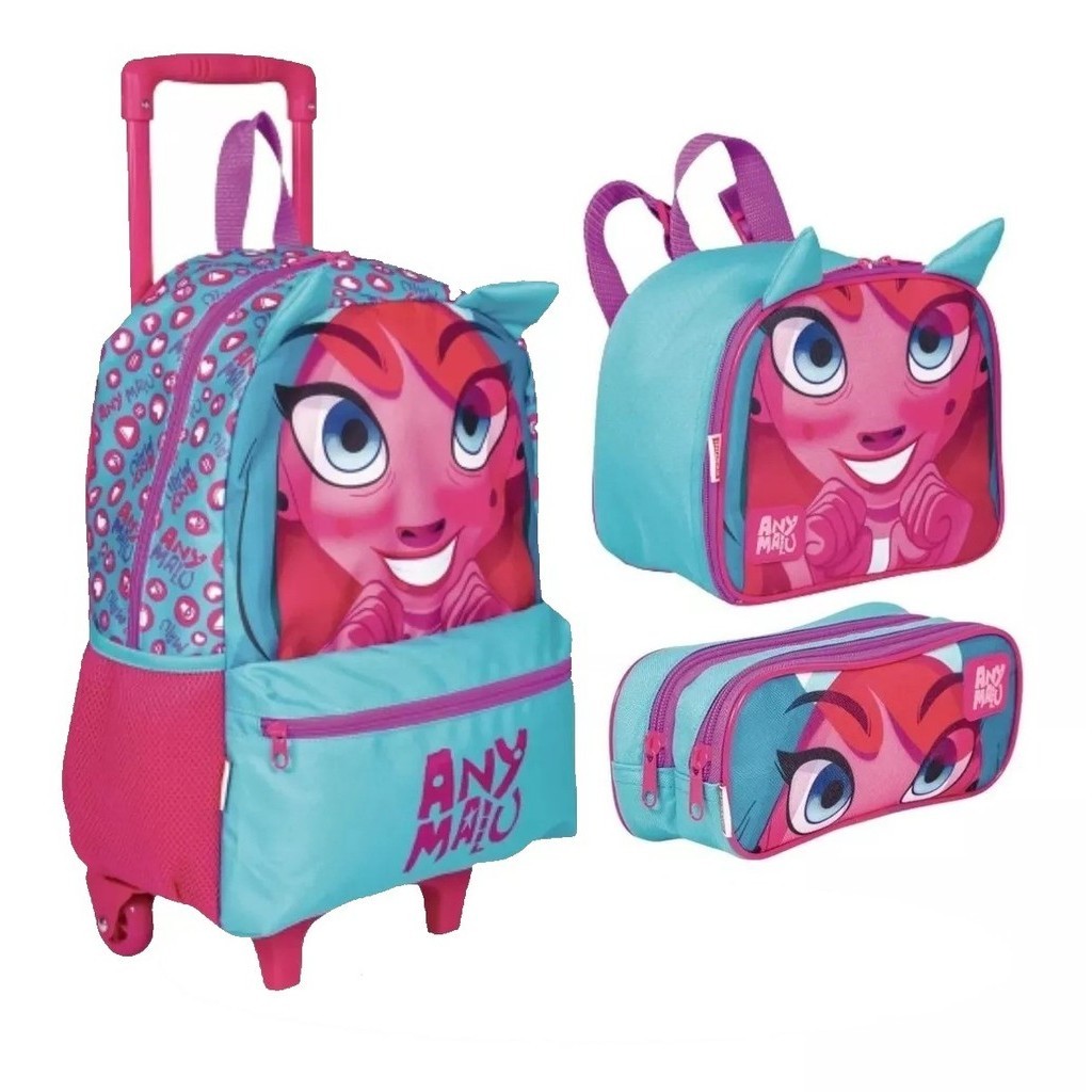 Kit Mochila de Carrinho G + Lancheira + Estojo Anymalu Azul 065878KIT