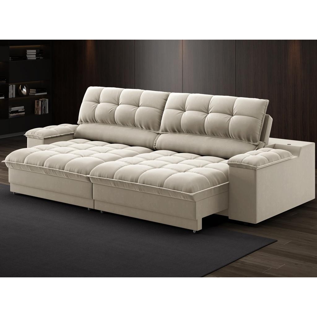 Sofá com Porta Copos e Carregador USB Ret Rec Luke 2,90m Veludocristal Areia - NETSOFAS em Oferta na Shopee