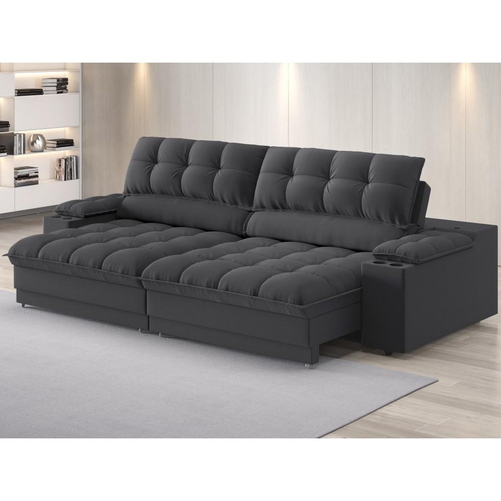 Sofá com Porta Copos e Carregador USB Ret Rec Luke 2,50m Linho Soft Grafite - NETSOFAS